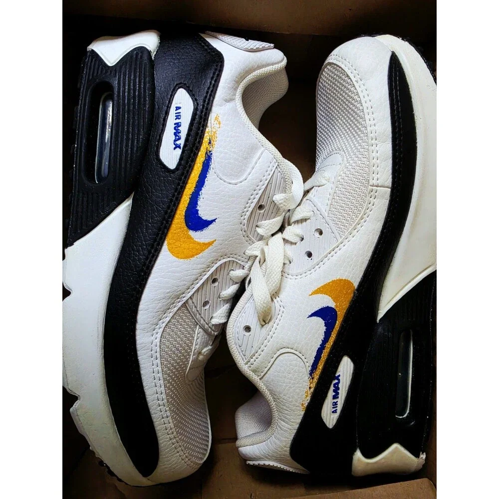 Nike Air Max 90 GS NN Unisex Kids Low Top Lace-Up White/Blue US 6.5 Women/5Youth